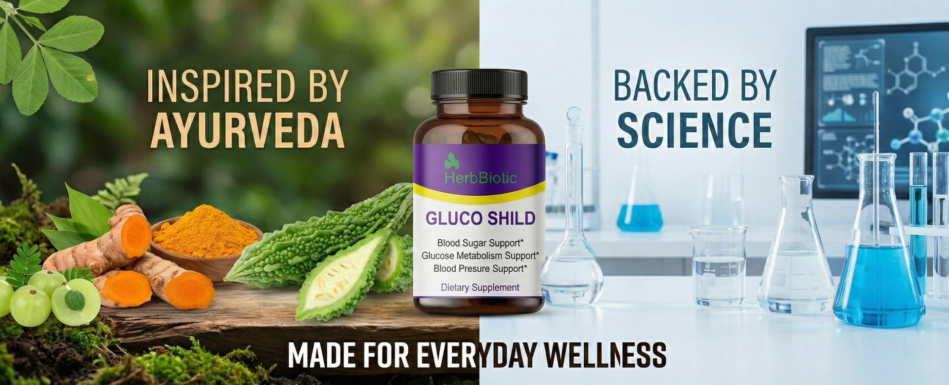 Gluco Shild Herbal Blood Sugar Support | Ayurvedic Sugar Balance & Heart Wellness Supplement | With Gudmar, Haridra, Amla, Karela, Neem – 60 Capsules | gluco shield herb biotic
