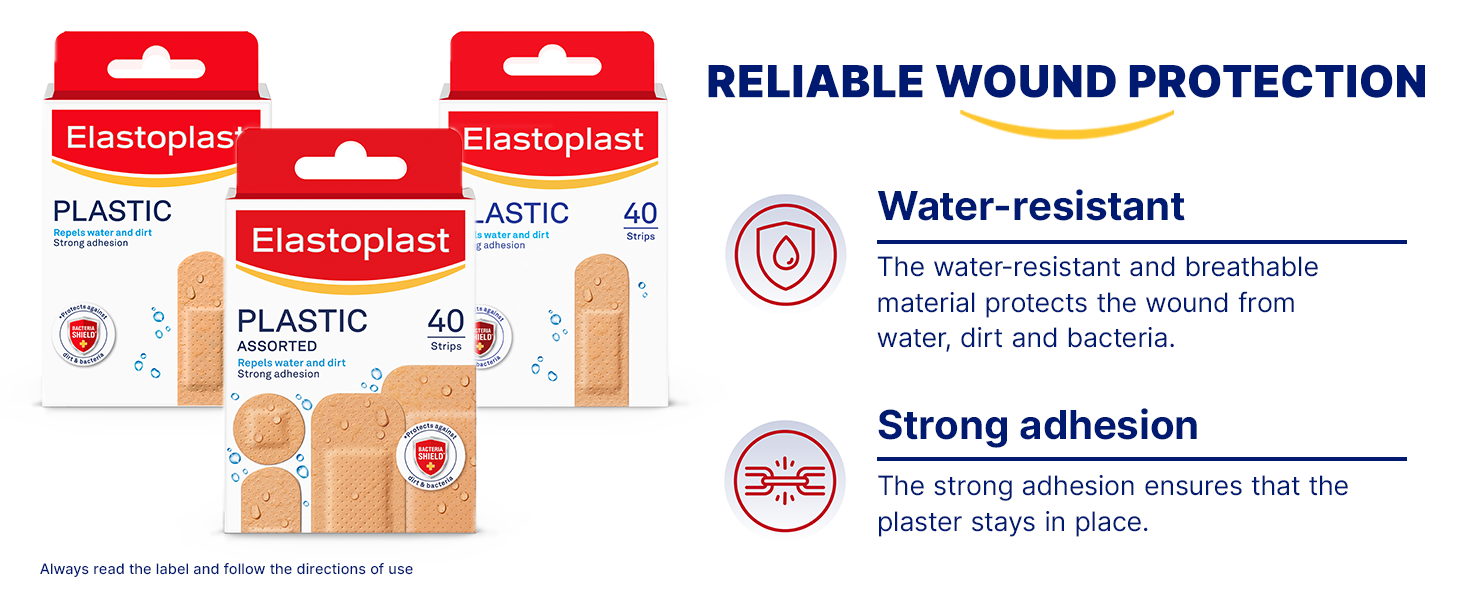 Elastoplast Plastic Water Resistant Plasters - Assorted Sizes (120 Pack) | All-Purpose First Aid Plasters | Protects Against Dirt & Bacteria | Strong Adhesion | Water-Repellent Bandages