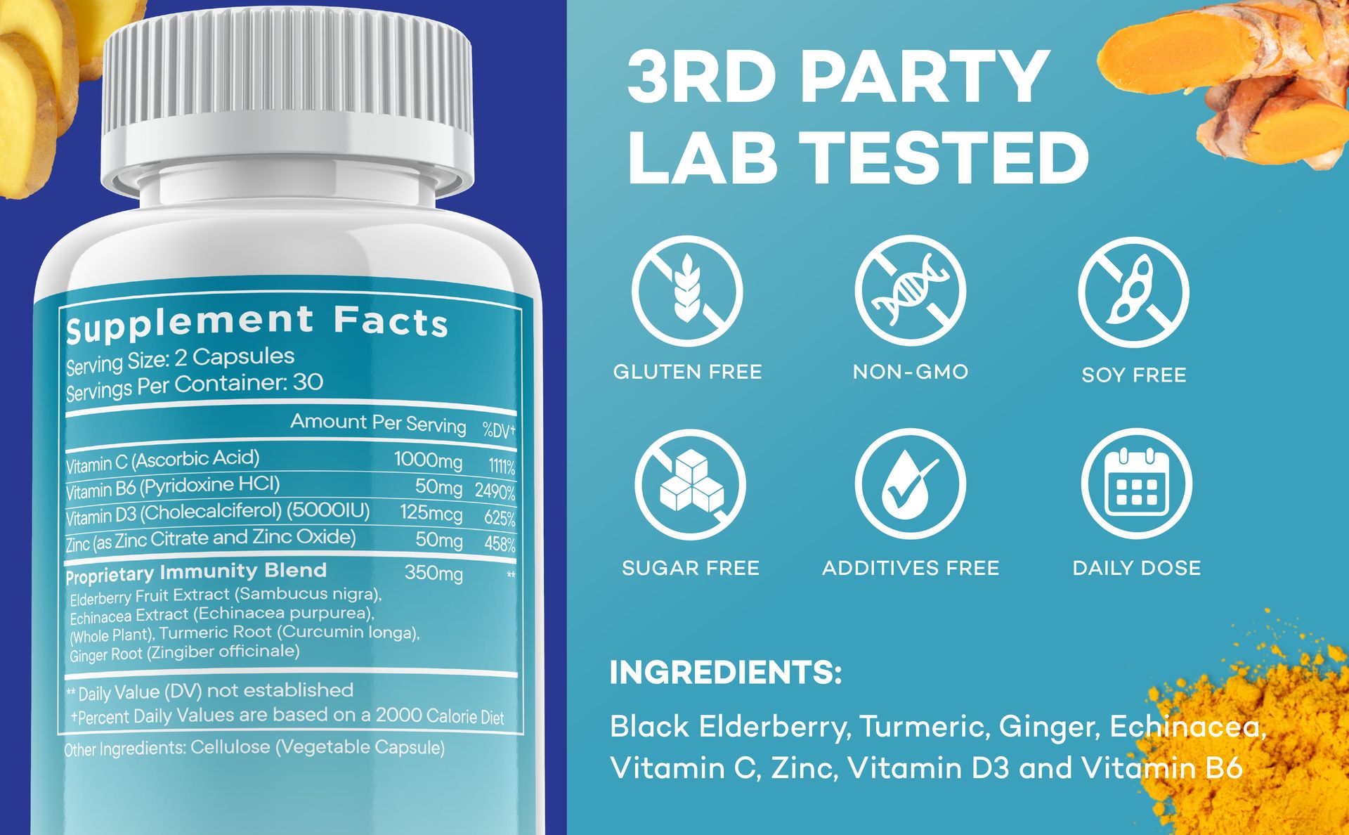 8 in 1 Immune Defense Support, Immunity Vitamins Supplement Booster Zinc 50mg, Vitamin C Elderberry VIT D3 5000 IU, Turmeric Curcumin & Ginger, Echinacea - Allergy Relief for Kids Adults (2 Pack)
