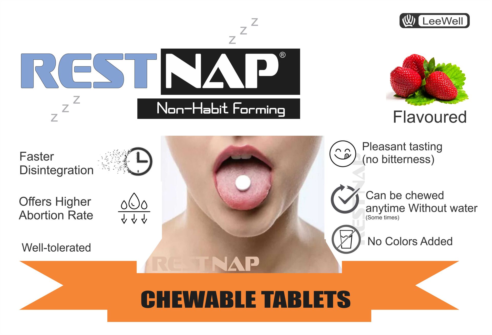 Restnap by LeeWell Chewable Sleeping Pills Tablets with Melatonin, Magnesium Glycinate, Ashwagandha, L-Theanine, Passion flower, Valerian Root & Chamomile Extract | Restful Night with Deep Sleep Support Supplement - 30 Tablets