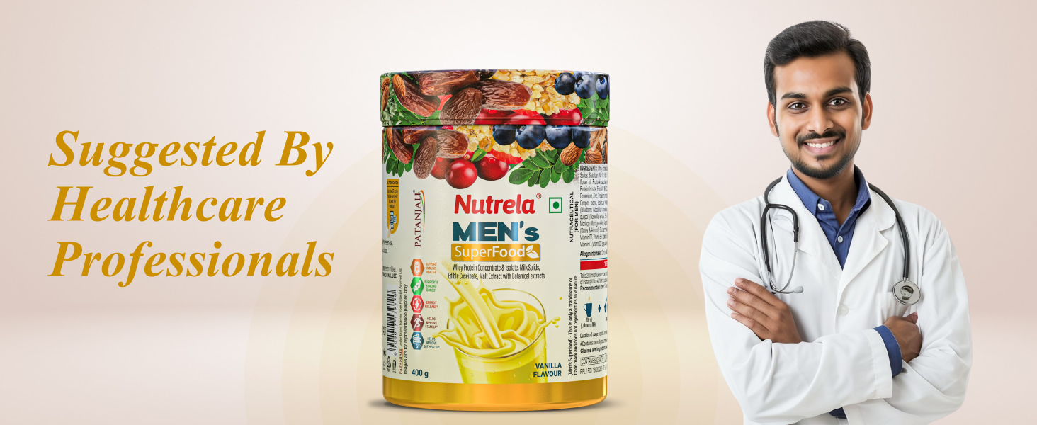 NUTRELA Men Superfoods With Whey Protein Powder - 400g, Vanilla Flavor | Everyday Fitness with Biofermented Multivitamins & Whey Protein to support in Bone & Joints Health, Muscle | Pack of 2