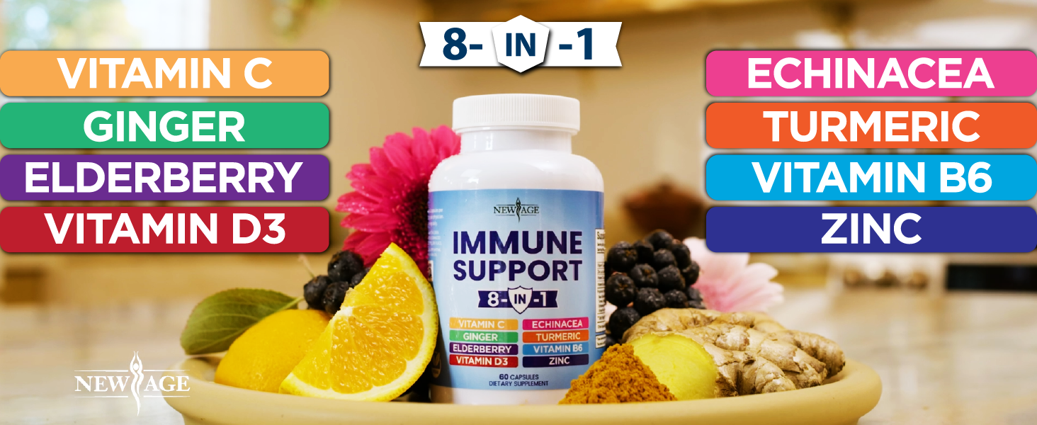 NEW AGE 8 in 1 Immune Support Booster Supplement with Echinacea, Vitamin C and Zinc 50mg, Vitamin D 5000 IU, Turmeric Curcumin & Ginger, B6, Elderberry 120 Count (Pack of 2)