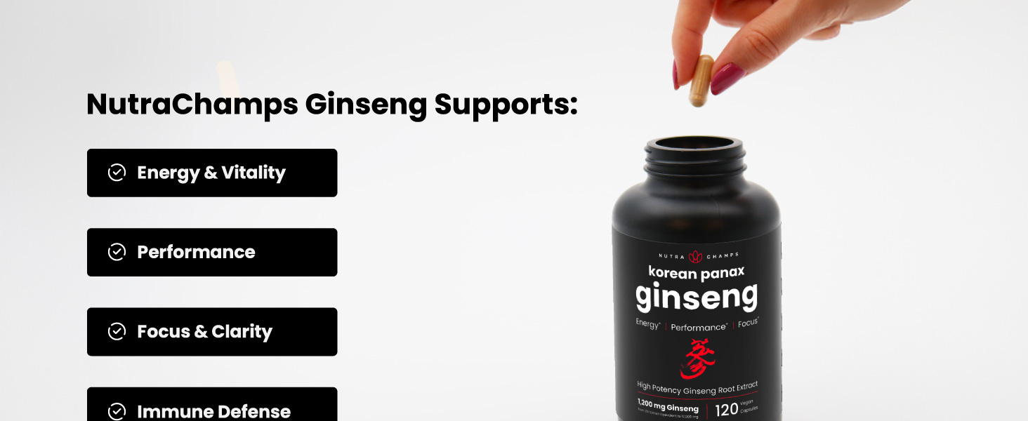 NutraChamps Korean Red Panax Ginseng Capsules | Extra Strength Ginsenosides for Energy, Focus, Performance, Vitality & Immune Support | Korean Ginseng Root Extract for Men (120)