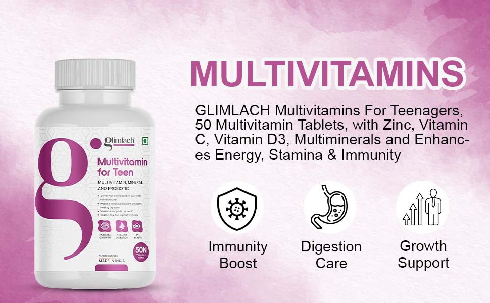 GLIMLACH Multivitamins For Teenagers, 50 Multivitamin Tablets, with Zinc, Vitamin C, Vitamin D3, Multiminerals and Enhances Energy, Stamina & Immunity