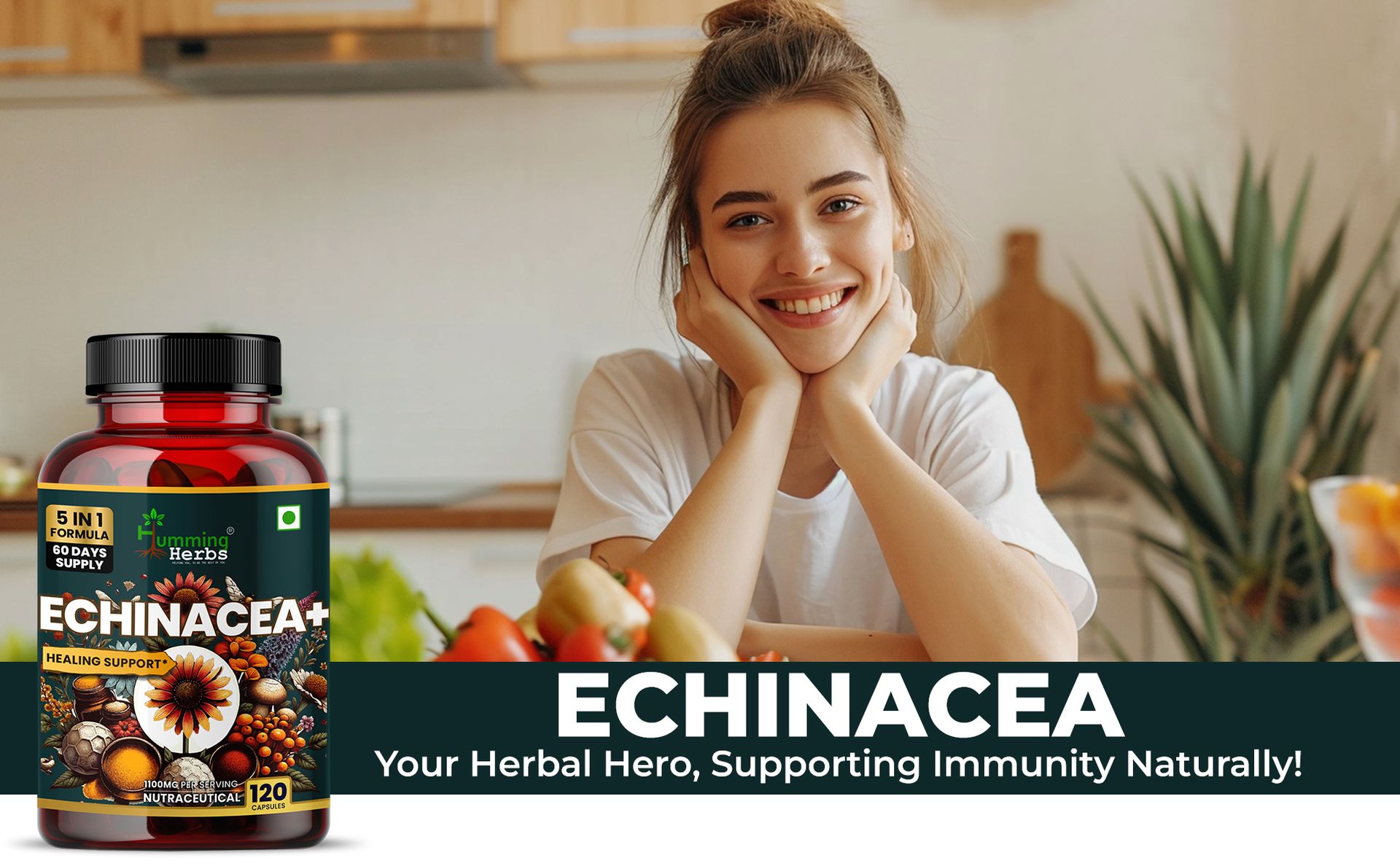 Humming Herbs Echinacea+ 1050mg with Tulsi, Quercetin, Vitamin C & Zinc | 5-in-1 Herbal Support Formula | 120 Veg Capsules | 60 Days Supply | Non-GMO & Gluten-Free