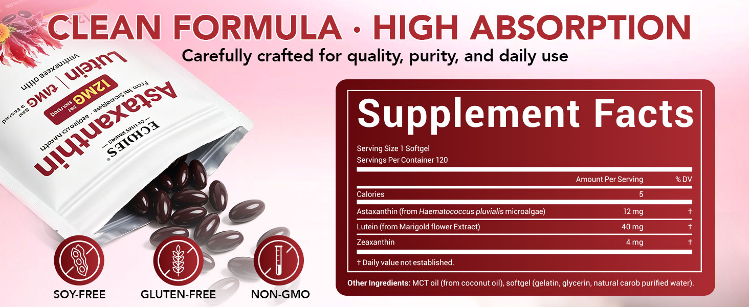 Astaxanthin 12mg & Lutein 40mg with Zeaxanthin Supplements, Fresh Microalgae Source, Supports Eye, Skin, Antioxidant, Joint, Circulatory Health, Gluten Free, 4 Month Supply | 120 Softgels