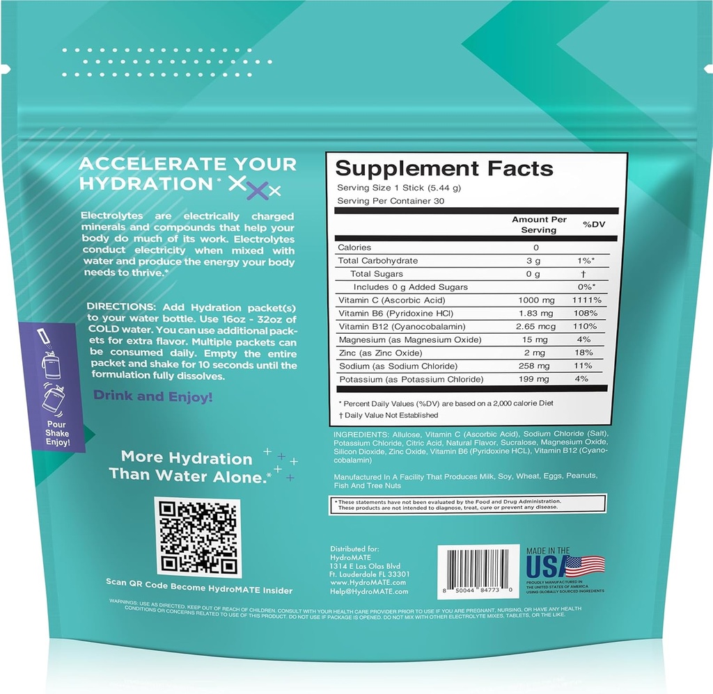 Electrolyte Powder Sugar-Free Hydration Packets Black Cherry HydroMATE 30 Sticks 5