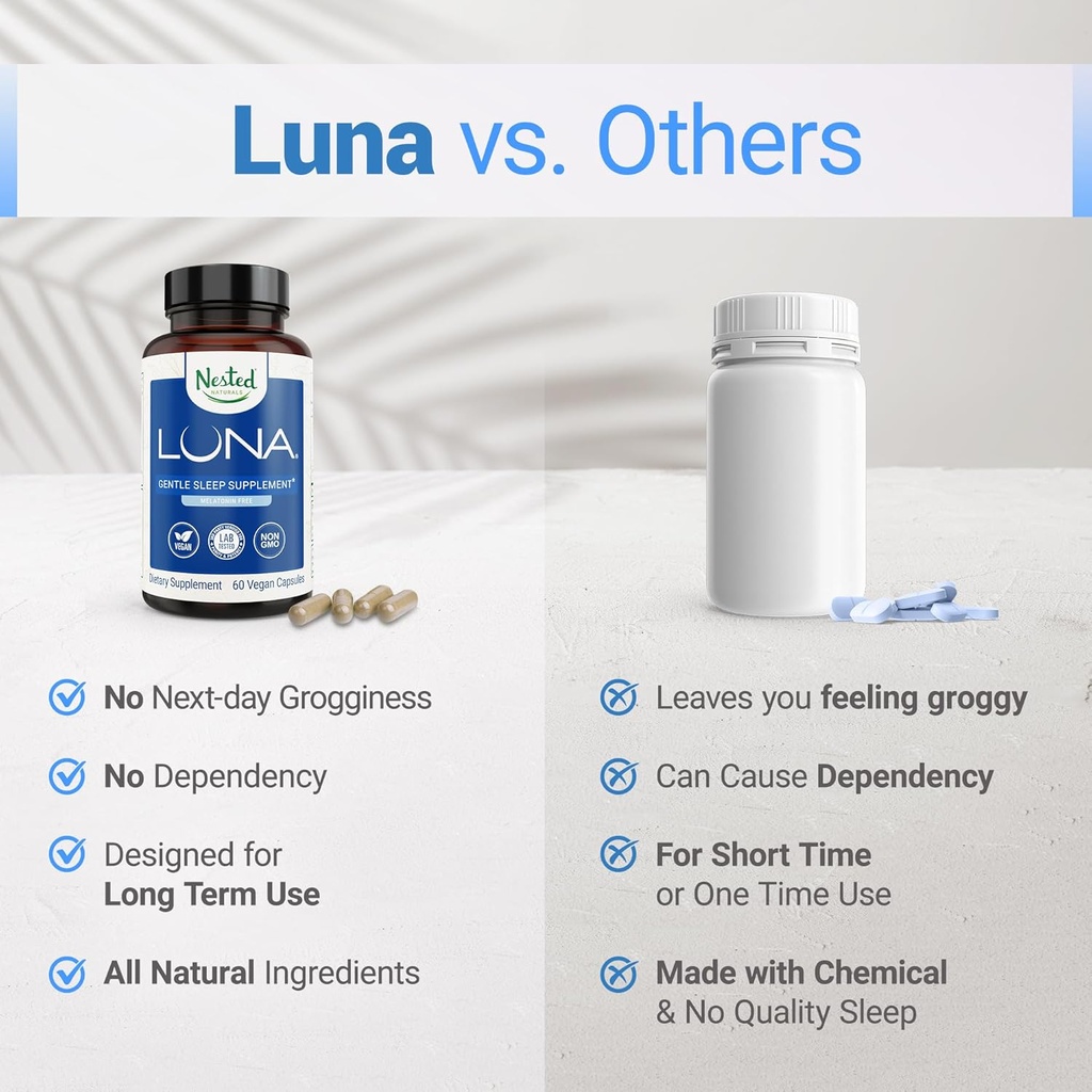 Nested Naturals Luna Melatonin-Free Sleep Aid & Magnesium Glycinate Chelate for Improved Sleep, Relaxation, & Recovery (180 Capsules) 5