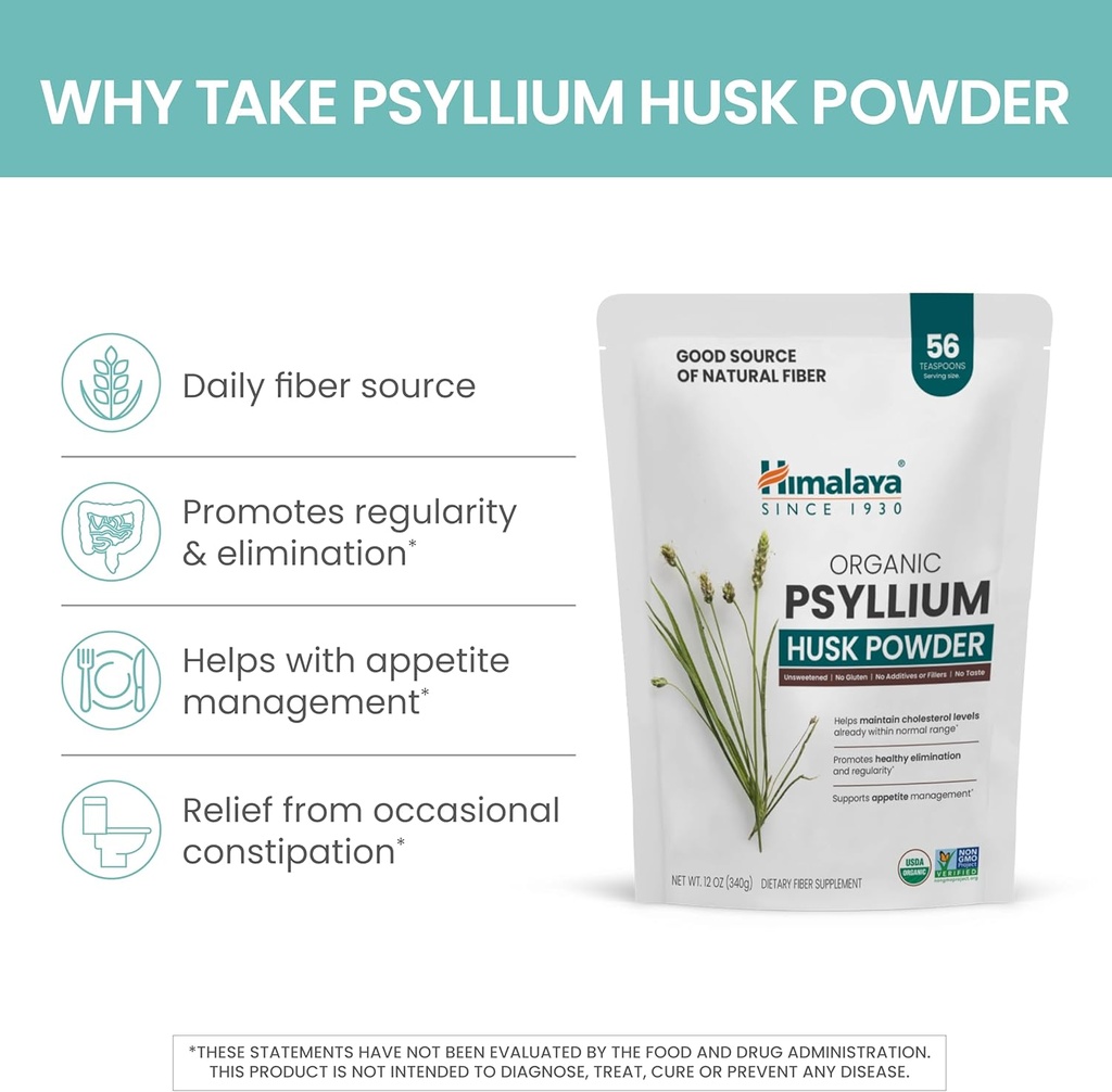 Himalaya Organic Psyllium Husk Powder, Daily Dietary Fiber Supplement, Regularity, Appetite Management, USDA Certified Organic, Non-GMO, No Artificial Colors, Unflavored, 56-Teaspoon Supply, 12 Oz 5