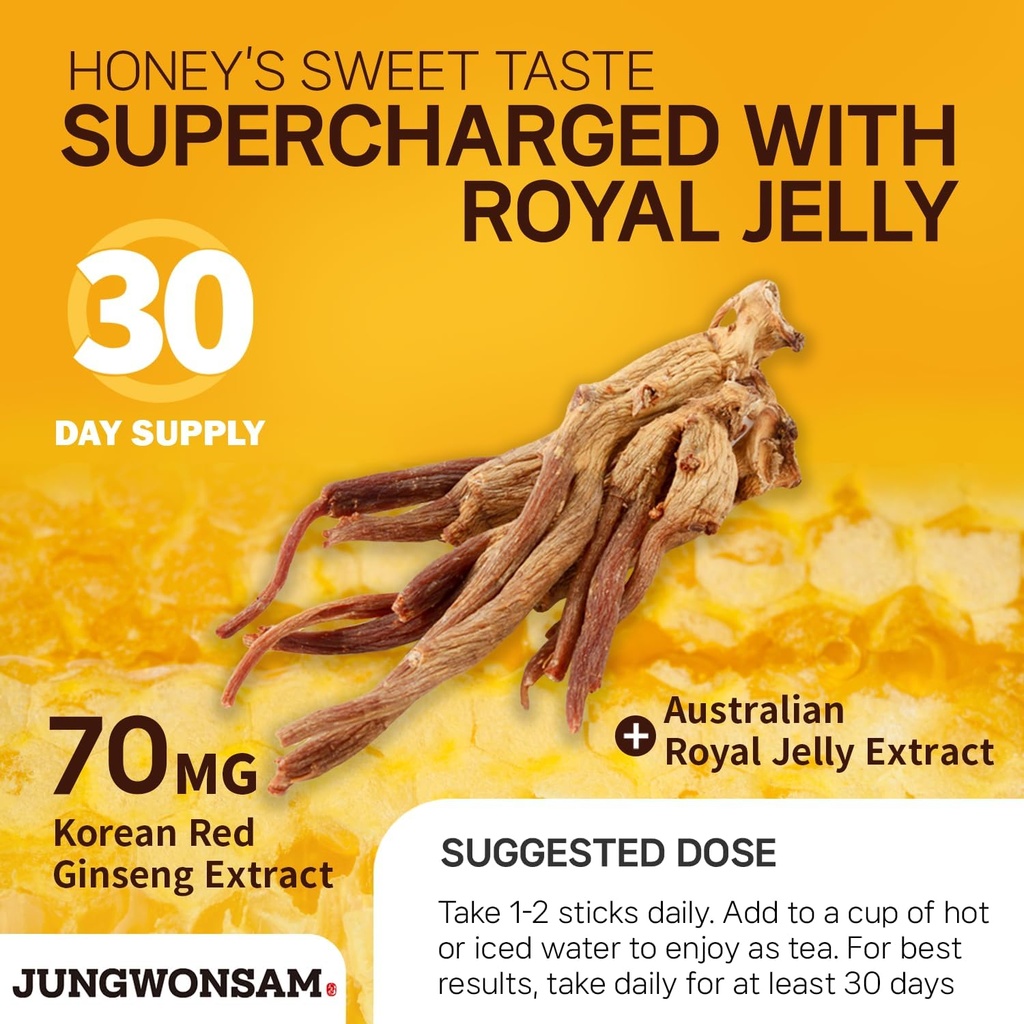 6-Year Korean Red Ginseng Extract & Royal Honey | 30 Sticks | Sweet Flavor | 70mg Ginseng, 15% Australian Honey | Energy, Focus, Fatigue, Immune Support | Daily Supplement for Men & Women 4