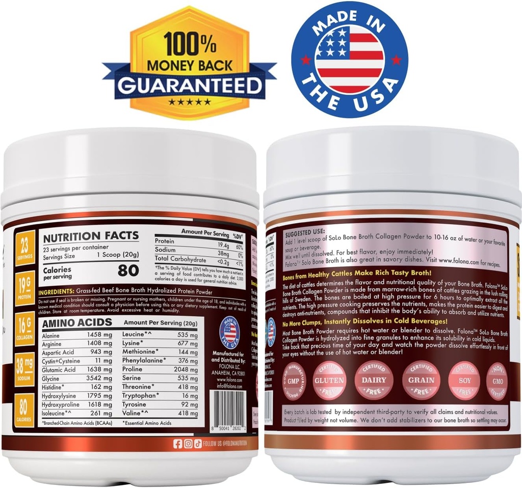 Solo Bone Broth Protein Collagen Powder Low Sodium, 16g Hydrolyzed Collagen Type I & III, for Healthy Skin, Nails, Hair, Joints & Digestion, Grass Fed, 1 lb (Canister - Net Wt. 1 lb. Powder) 3