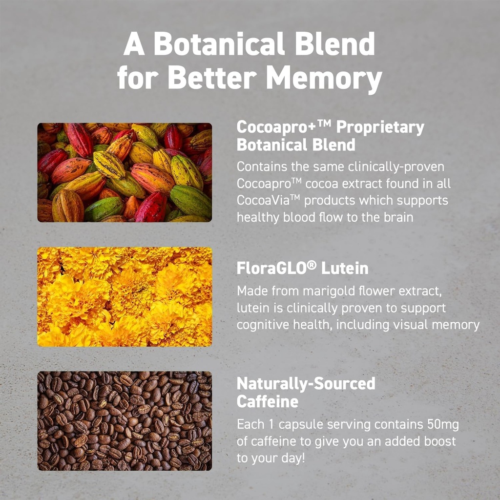 CocoaVia Memory & Focus Brain Supplement, 90 Day, Cocoa Flavanol Blend, Lutein, Added Caffeine for Boost. Improve Cognitive Function, Attention, Vegan & Plant Based, 90 Capsules 5