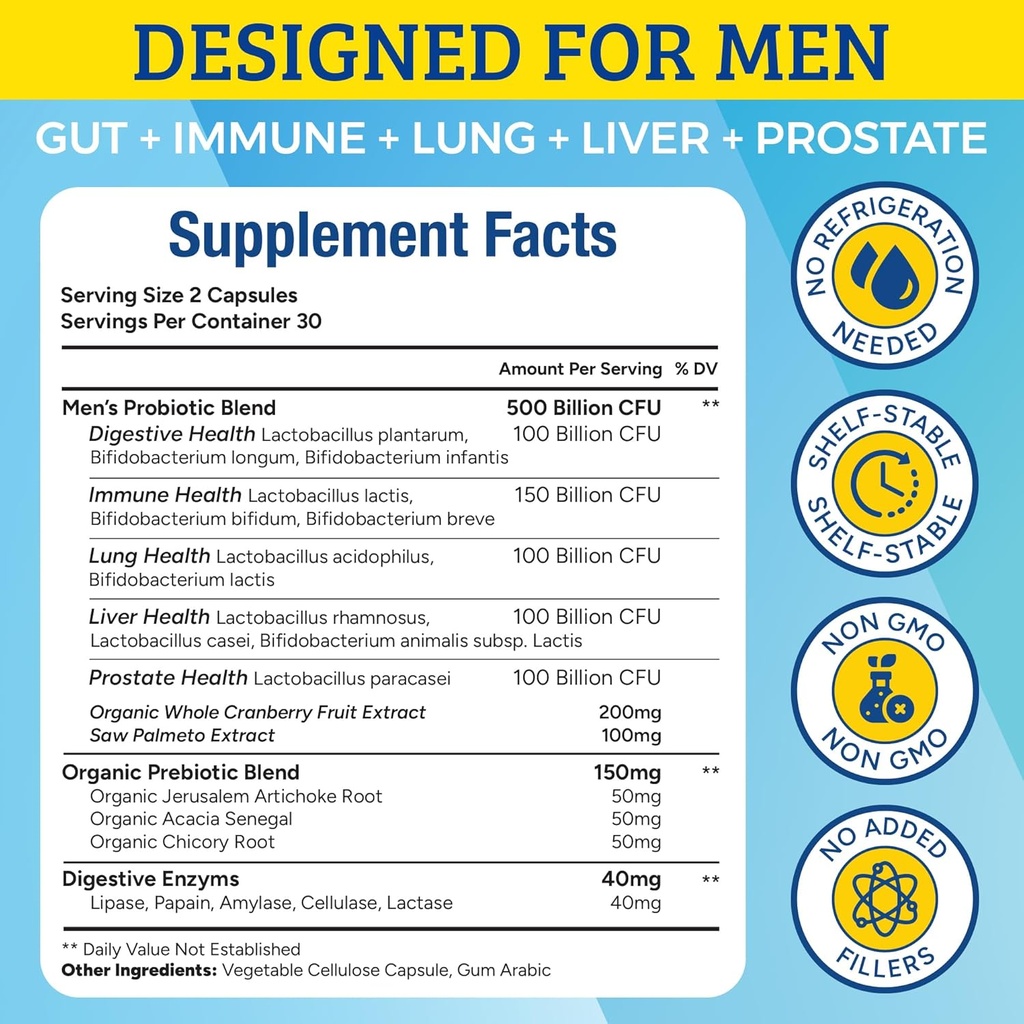 Probiotics for Men, 500 Billion CFUs & 12 Strains, Prebiotic & Probiotic, Cranberry, Saw Palmetto, Digestive Enzymes, Gut & Bloating, Lung Liver Prostate Support, 30-Day Supply 6