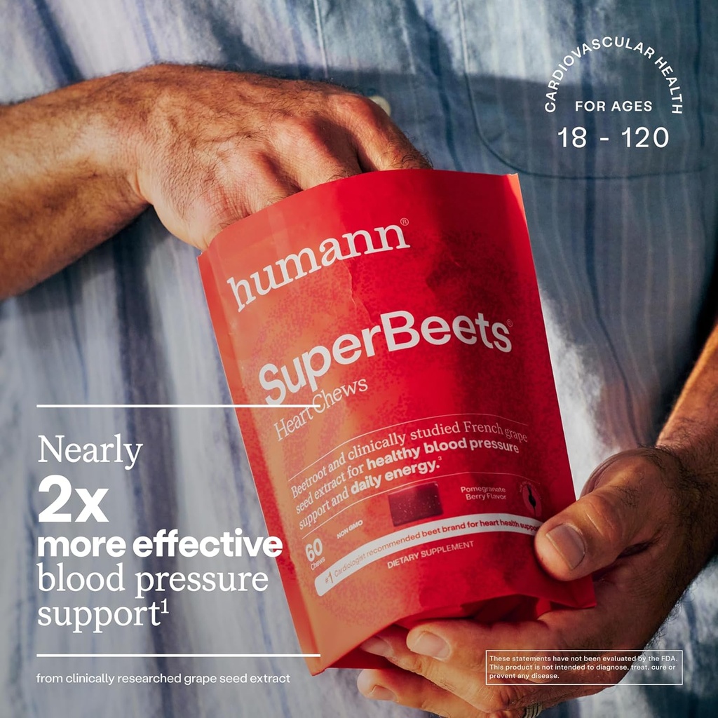 HumanN SuperBeets Heart Chews, Nitric Oxide and Blood Pressure Support, Grape Seed Extract & Non-GMO Beet Root Powder Energy, Pomegranate Berry Flavor, 180 Count 5