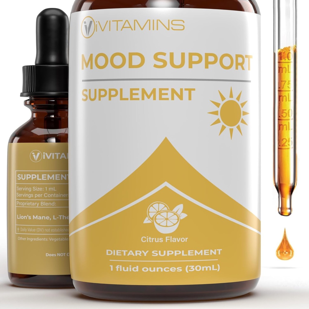 Mood Support Supplement | May Help to Improve Mood, Reduce Stress, Enhance Cognitive Function & More | Stress Relief Supplement | L Theanine | Lions Mane Supplement | L Theanine Supplement | 1 fl oz 2