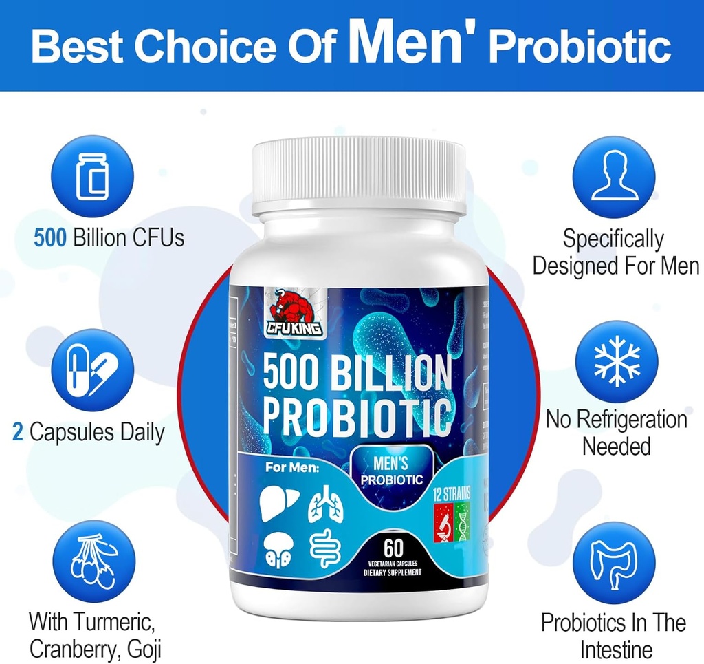 Probiotics for Men, 500 Billion CFU & 12 Mens Probiotic for Digestive Health + 4 Organic Prebiotic Fiber, for Digestive, Gut, Immune Health, Bloating, Gas, Energy Support, Shelf Stable - 60 Capsules 6
