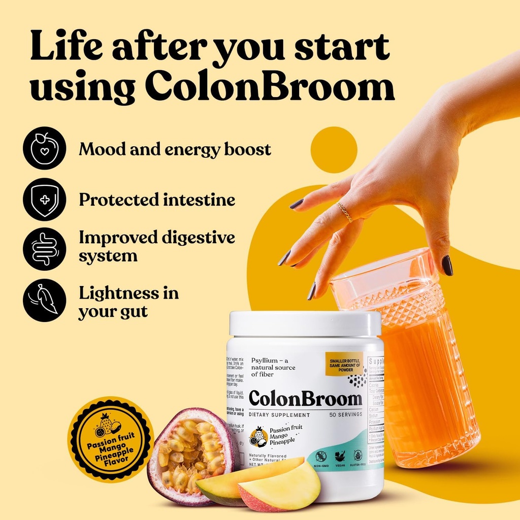 ColonBroom Psyllium Husk Powder with Stevia (Tropical Fruits) - Colon Cleanse for Bloating Relief & Gut Health - Colon Broom Fiber Powder Drink - Vegan Fiber Powder Stevia Supplement, 100 Servings 4