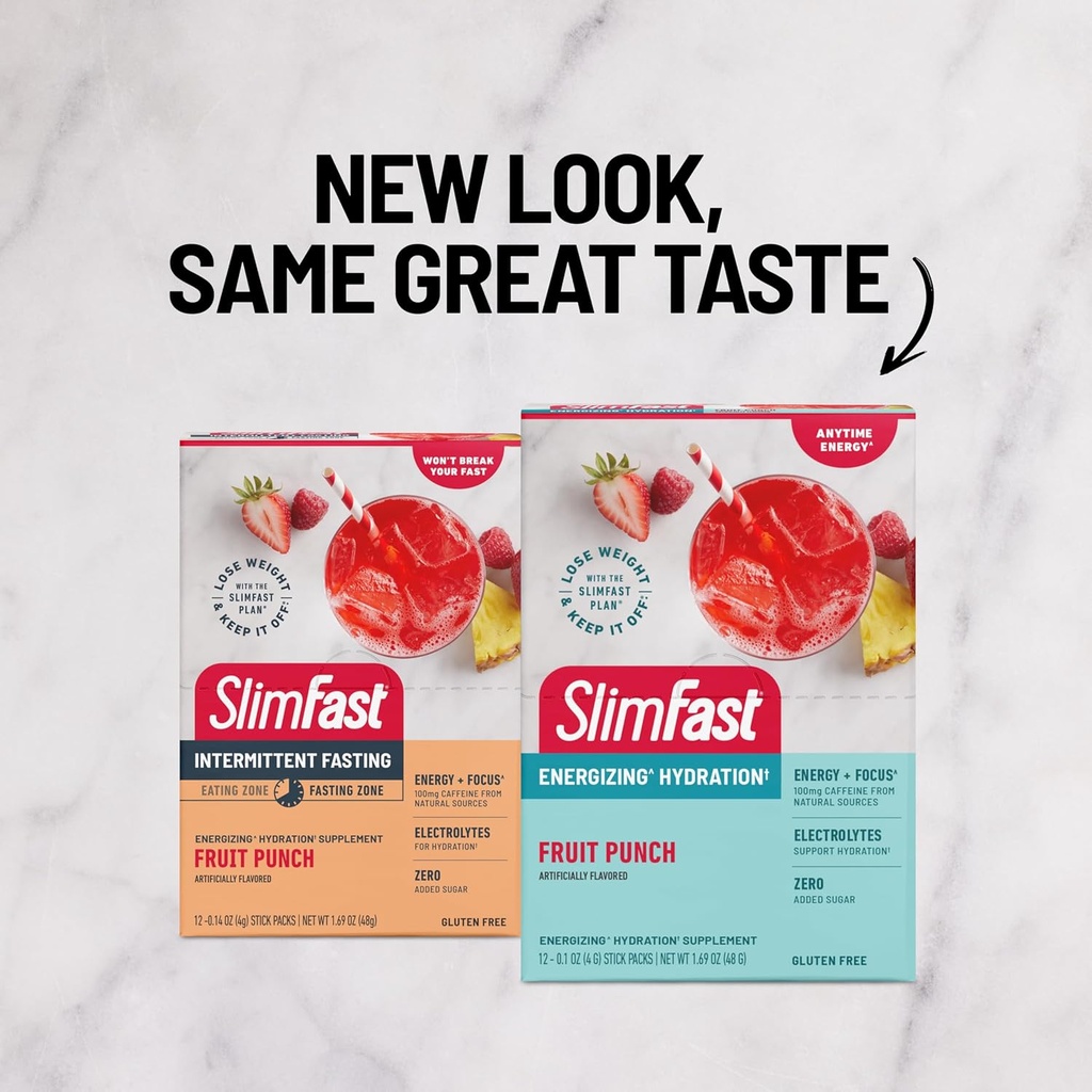 SlimFast Hydration Packets, Intermittent Fasting Electrolytes, Drink Mix Packets, Intermittent Fasting Powder, Energy Powder Drink Mix, Caffeine, Electrolytes for Hydration, Fruit Punch (12 Count) 3