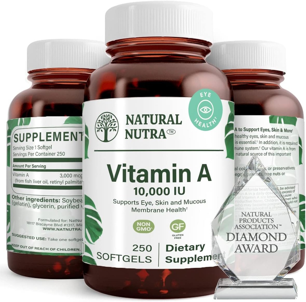 Natural Nutra Vitamin A 10,000 IU Softgels – High Potency Eye and Skin Vitamins – Gluten-Free Vitamin A Supplement for Sight & Skin Health – Fish Liver Oil for Men and Women, Gluten Free, 250 Softgels 2