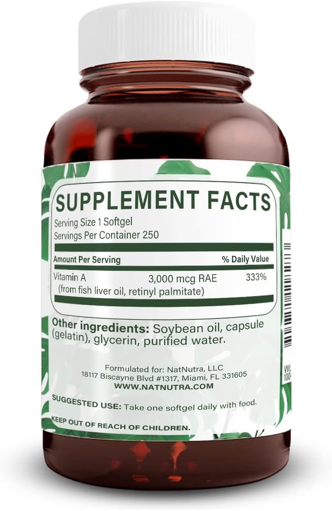 Natural Nutra Vitamin A 10,000 IU Softgels – High Potency Eye and Skin Vitamins – Gluten-Free Vitamin A Supplement for Sight & Skin Health – Fish Liver Oil for Men and Women, Gluten Free, 250 Softgels 3