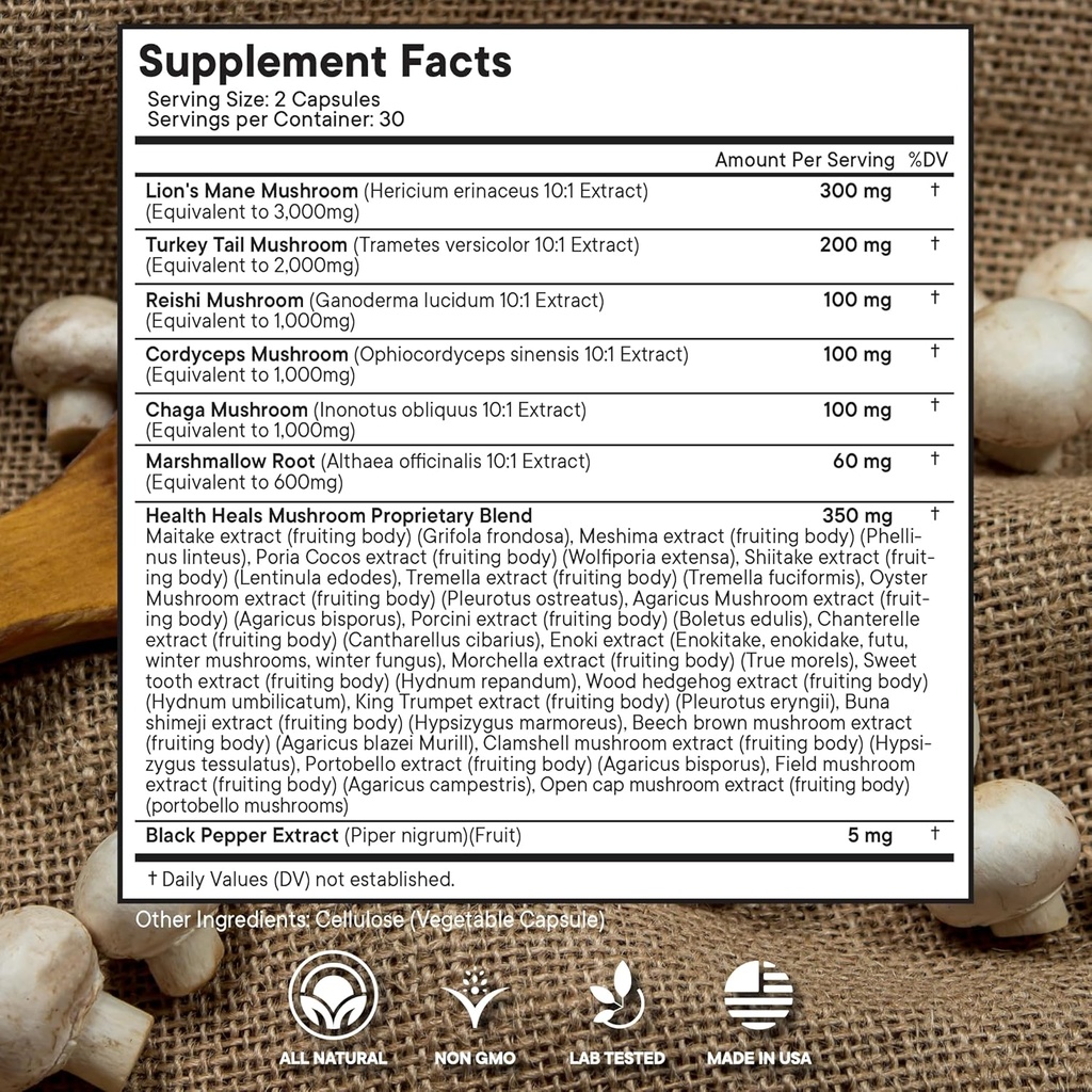 Mushroom Supplement with Lion's Mane Turkey Tail Reishi Cordyceps Chaga Marshmallow Root - 120 Count 3