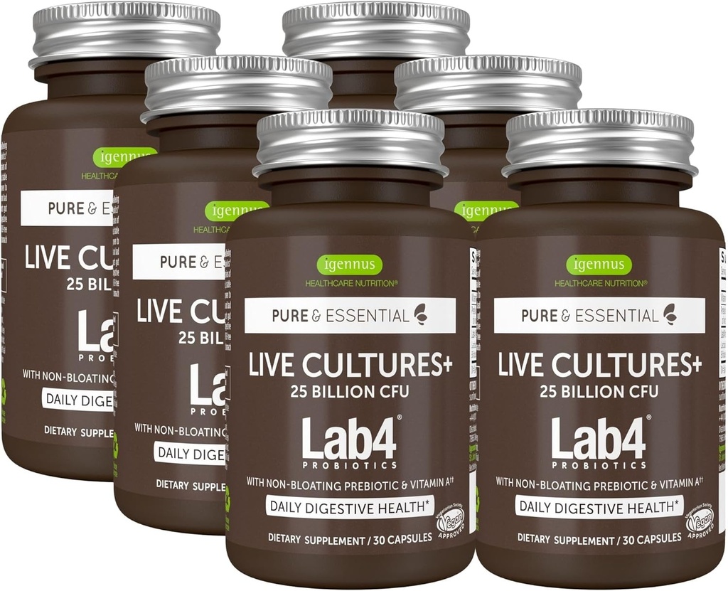 Igennus Probiotics & Prebiotic, Lactobacillus Acidophilus & Bifidobacterium, Live Cultures+ Lab4, Guaranteed 25 Billion CFU, for Women & Men, Non-Bloating Gut Health Support, Non-GMO, 6 x 30 Capsules 2