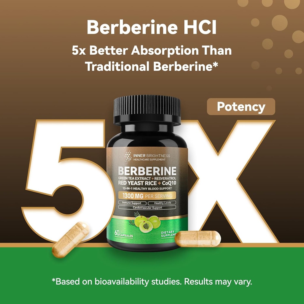 Berberine 1300mg with Green Tea Extract, Resveratrol, Red Yeast Rice & CoQ10 – 13-in-1 Immune Health, Natural Metabolic Support – 60 Capsules – Non-GMO, Lab Tested 6