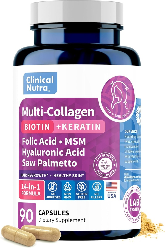 Collagen Peptides l Biotin l Keratin l Hyaluronic Acid l Saw Palmetto - Hair Growth Vitamins for Women and Men Supplement - Dht Blocker Supplements 90 Capsules USA Made 2