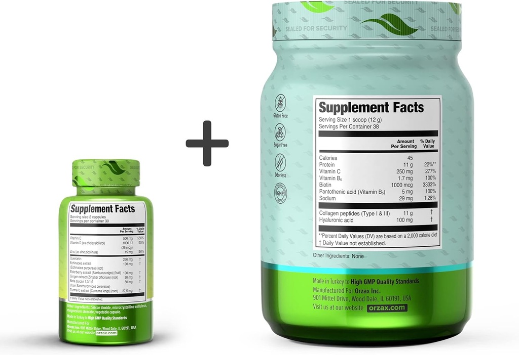 ORZAX Immune Support 9-in-1 Powerful Supplement and Collagen Peptides Powder Unflavored 16 oz, Bundle 3