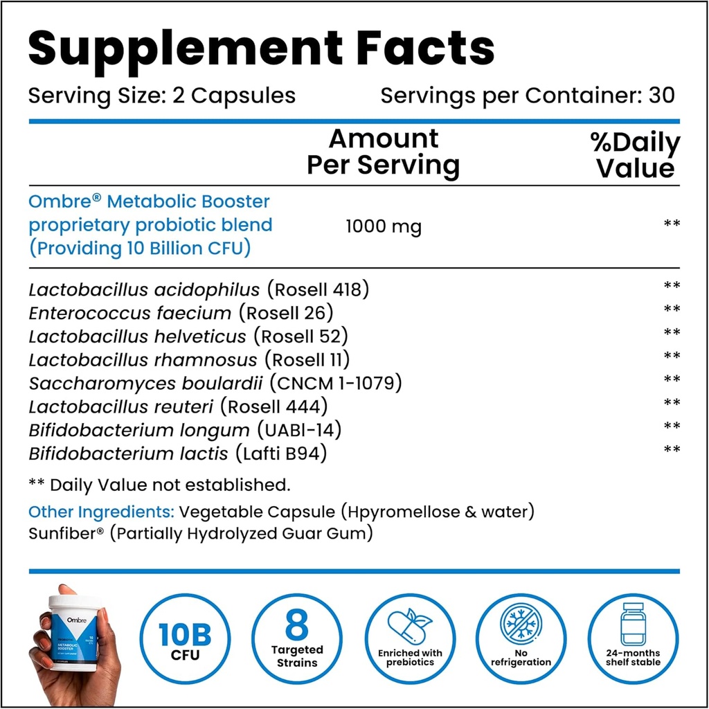Ombre Metabolic Booster Probiotic - Supports Metabolism, Healthy Weight Management & Digestion - Energy & Gut Health Supplement for Women and Men - 10 Billion CFU, Prebiotic Fiber, Vegan, 30 Servings 5