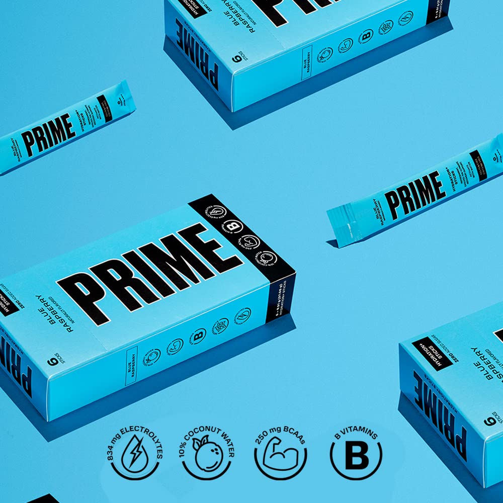 PRIME HYDRATION+ Sticks Blue Raspberry | Hydration Powder Single Serve Sticks | Electrolyte Powder On The Go | 250mg BCAAs, B Vitamins, Antioxidants | Low Sugar | Caffeine-Free | Vegan | 6 Sticks 4
