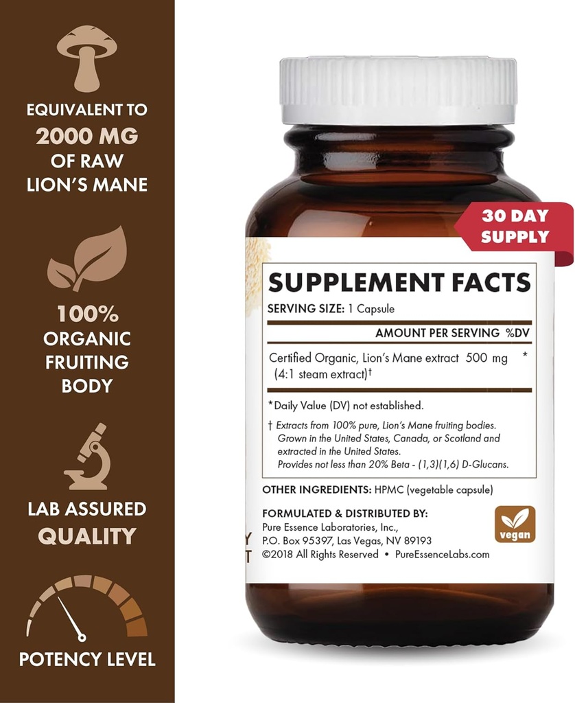 PURE ESSENCE LABS MyPure Lion's Mane 2X - Double Strength Brain Support Supplement with 100% Organic Fruiting Body Lion's Mane for Cognitive Health, Focus, Memory & Mental Clarity, 60 Capsules 3