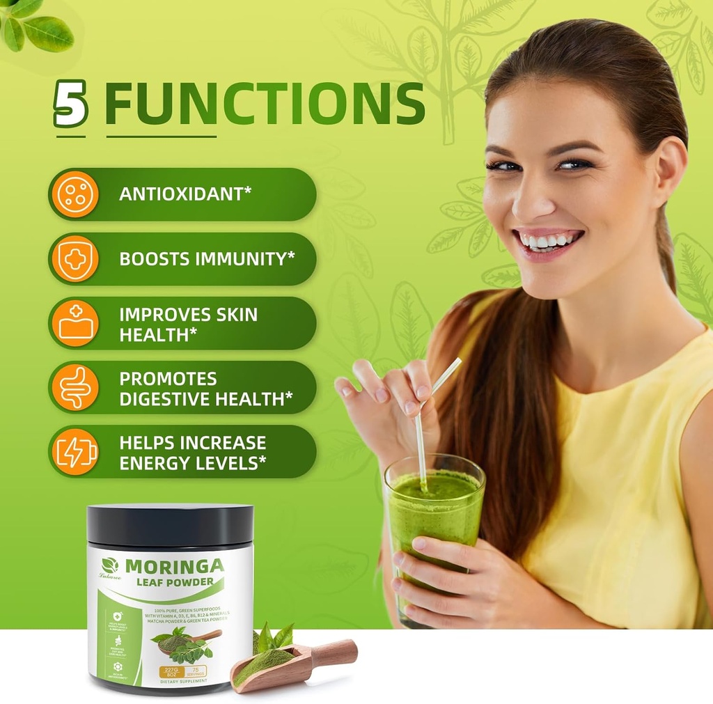Organic Moringa Powder & Matcha Powder, Multi-Green Superfoods with Green Tea Resveratrol - Energy and Digestive Support, Rich in Antioxidants and Vitamin A D3 E B6 B12 Calcium, Non-GMO, Vegan, 16 oz 5