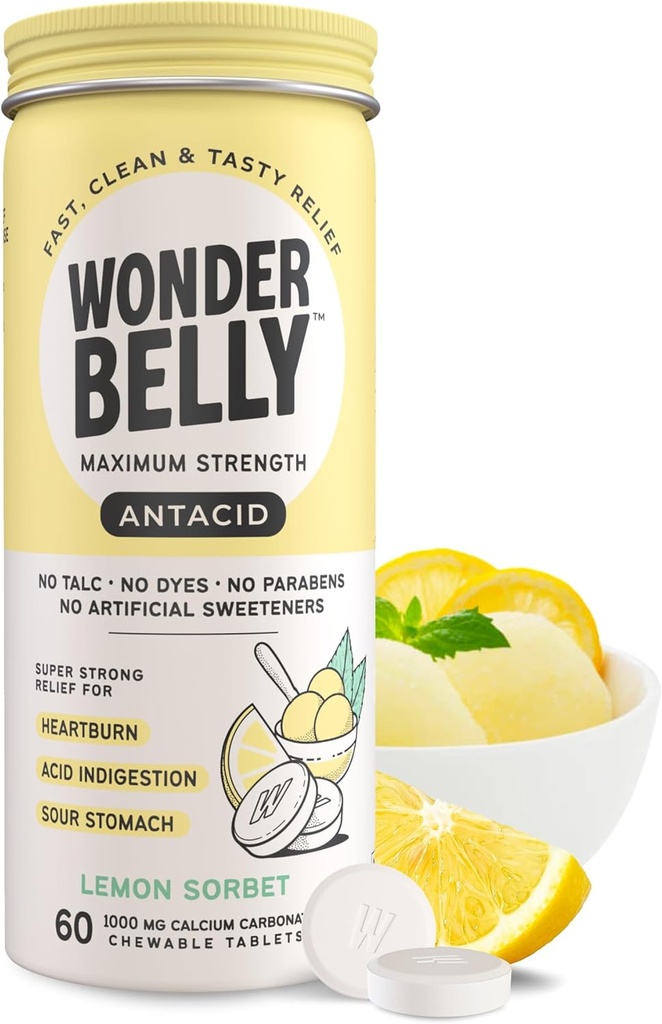 Wonderbelly Antacid, Effective Heartburn and Instant Acid Indigestion Relief, Extra Strength Chewable Tablets, 1000 mg Calcium Carbonate, No Talc or Dye, Lemon Sorbet, 60 Count 2
