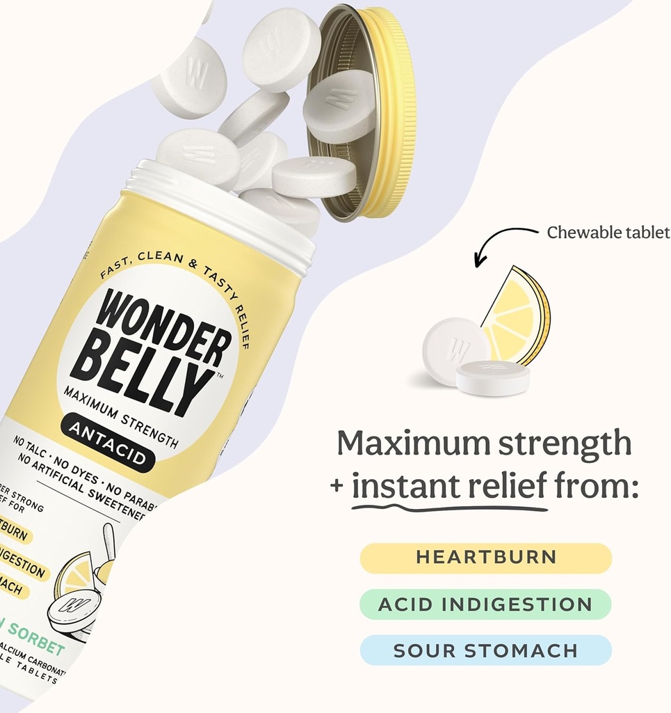 Wonderbelly Antacid, Effective Heartburn and Instant Acid Indigestion Relief, Extra Strength Chewable Tablets, 1000 mg Calcium Carbonate, No Talc or Dye, Lemon Sorbet, 60 Count 3