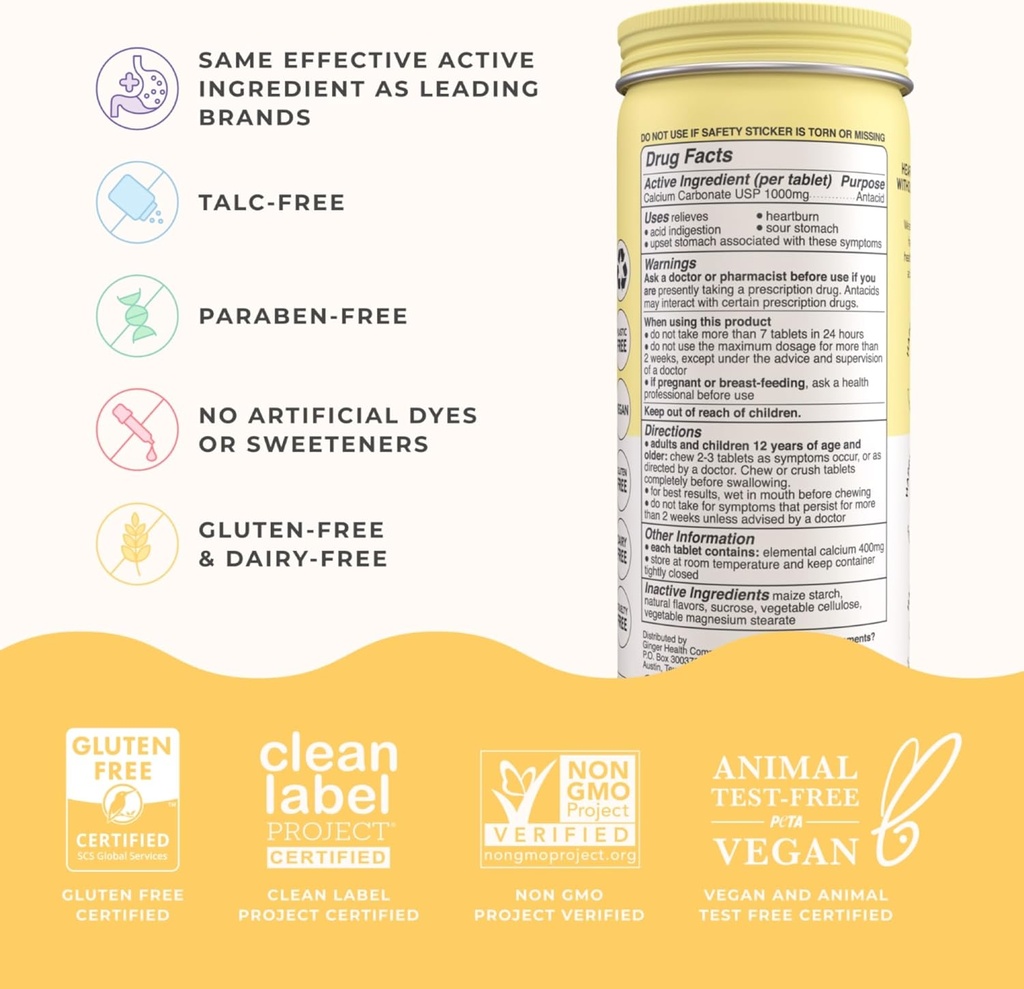 Wonderbelly Antacid, Effective Heartburn and Instant Acid Indigestion Relief, Extra Strength Chewable Tablets, 1000 mg Calcium Carbonate, No Talc or Dye, Lemon Sorbet, 60 Count 4