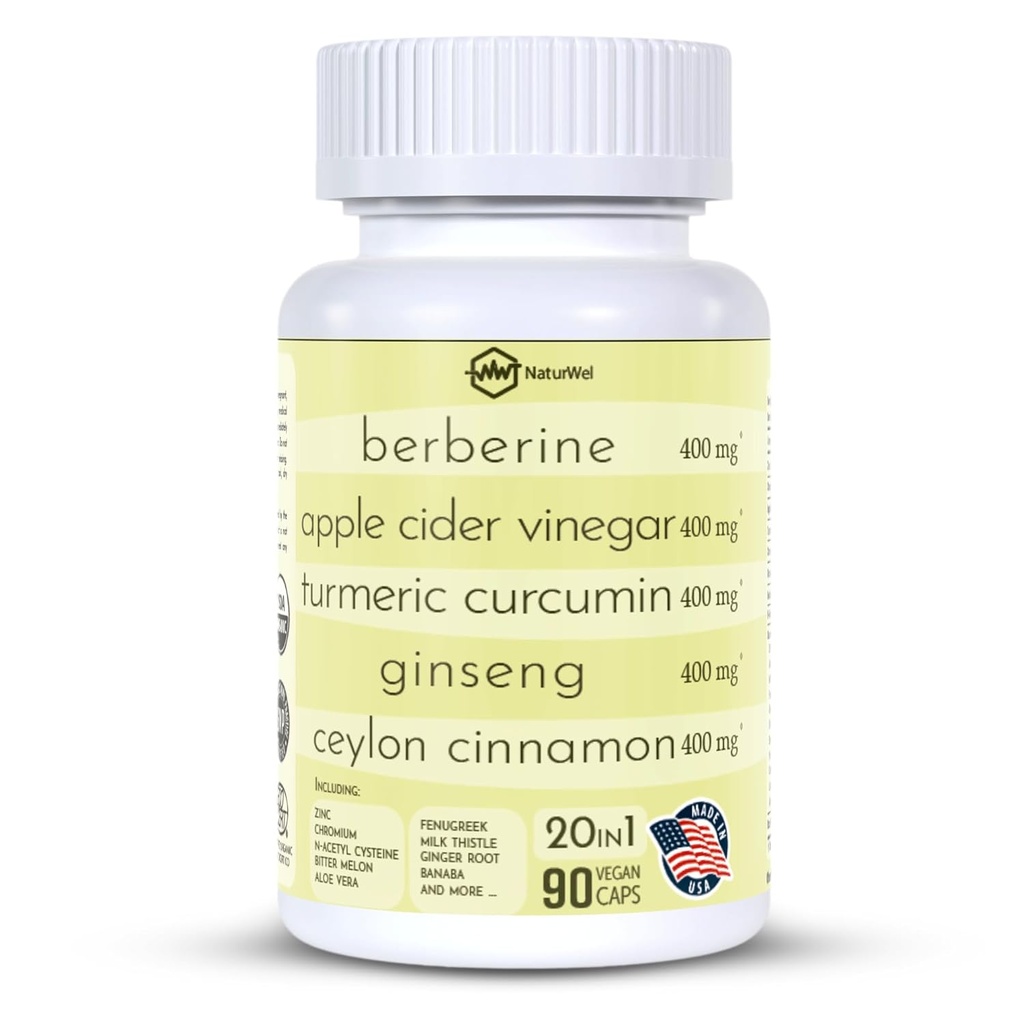 Ceylon Cinnamon Ginseng Berberine Turmeric Apple Cider Vinegar Chromium Zinc N-Acetyl Cysteine Milk Thistle Cayenne Banaba Fenugreek Gymnema Sylvestre 20 in 1 Made in The USA - 90 Capsules 2