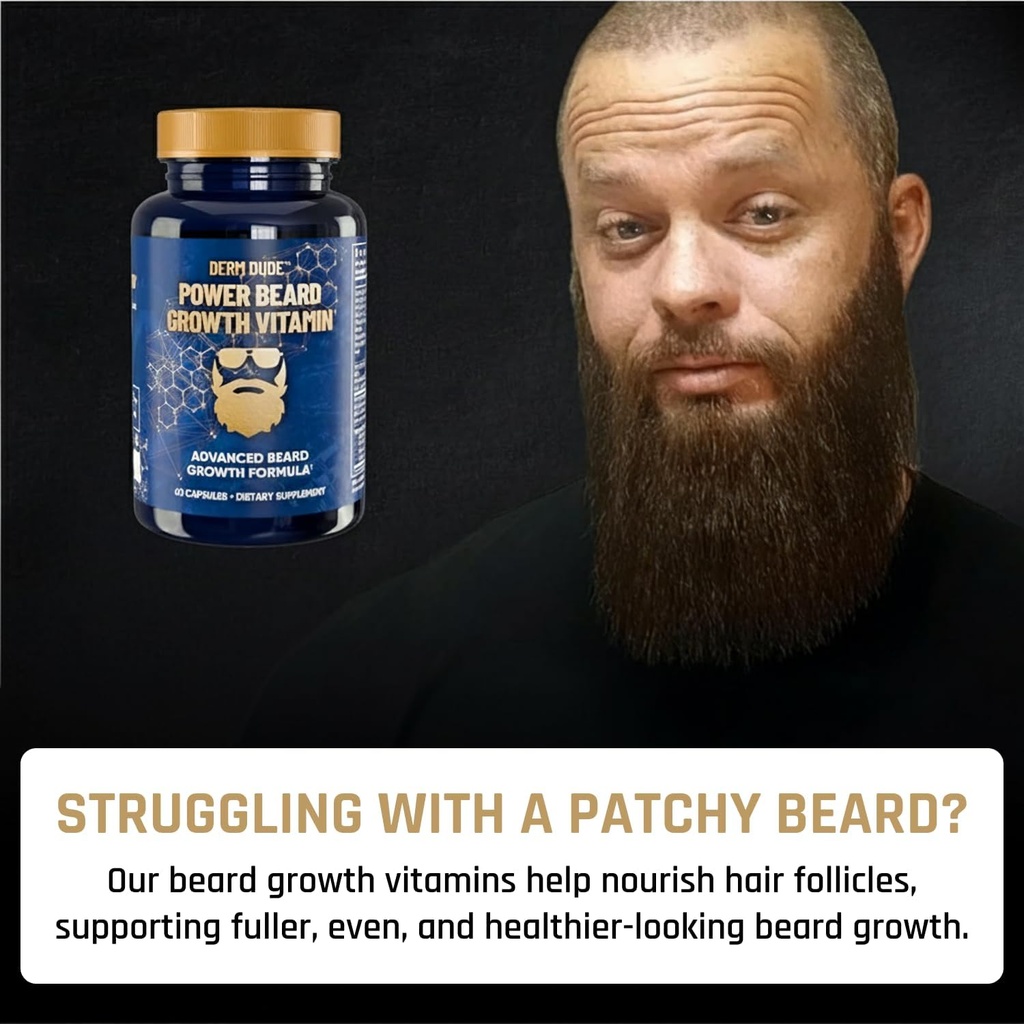 Derm Dude Power Beard Growth Vitamins for Men | With Biotin 10K MCG, Zinc B12 Saw Palmetto & Keratin for Healthier Thicker Fuller & Stronger Facial Hair | Restore Hair Breakage & Thinning, 60 Capsules 6