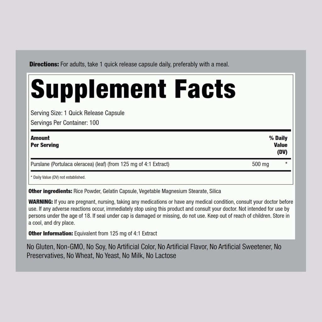 Piping Rock Purslane Leaf Supplement | 500mg | 100 Capsules | Plant Seed Extract | Portulaca Oleracea | Non-GMO, Gluten Free 3