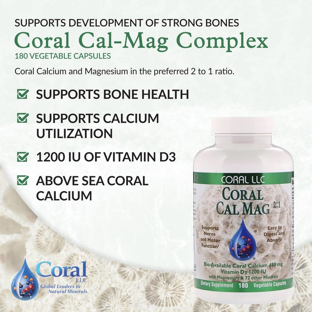 Coral Cal-Mag - Bioavailable Coral Calcium with Magnesium in a 2:1 Ratio and 1200 International Units of Vitamin D3-180 Vegetarian Capsules 3