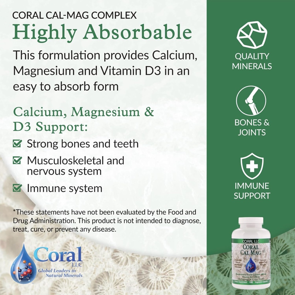 Coral Cal-Mag - Bioavailable Coral Calcium with Magnesium in a 2:1 Ratio and 1200 International Units of Vitamin D3-180 Vegetarian Capsules 5