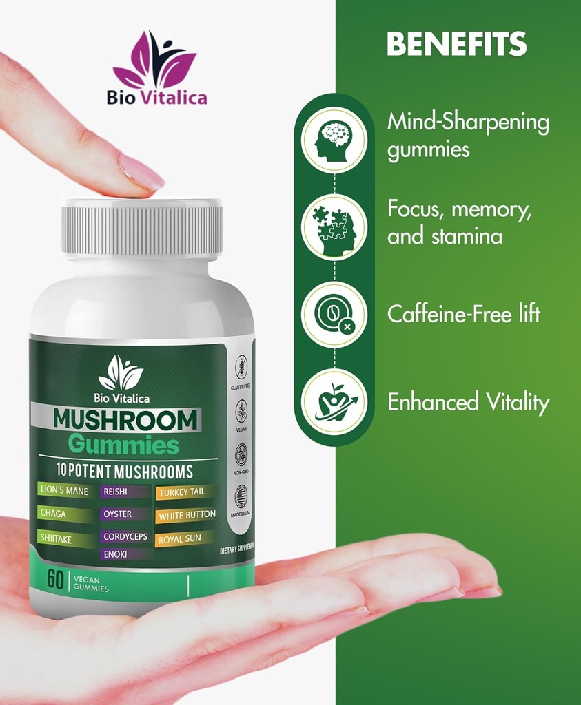 Mushroom Gummies – 10 Mushroom Complex with Lion’s Mane, Reishi, Chaga, Cordyceps & More – Fruity Vegan Gummies – Non-GMO, Gluten-Free, Plant-Based – 2 Packs 4