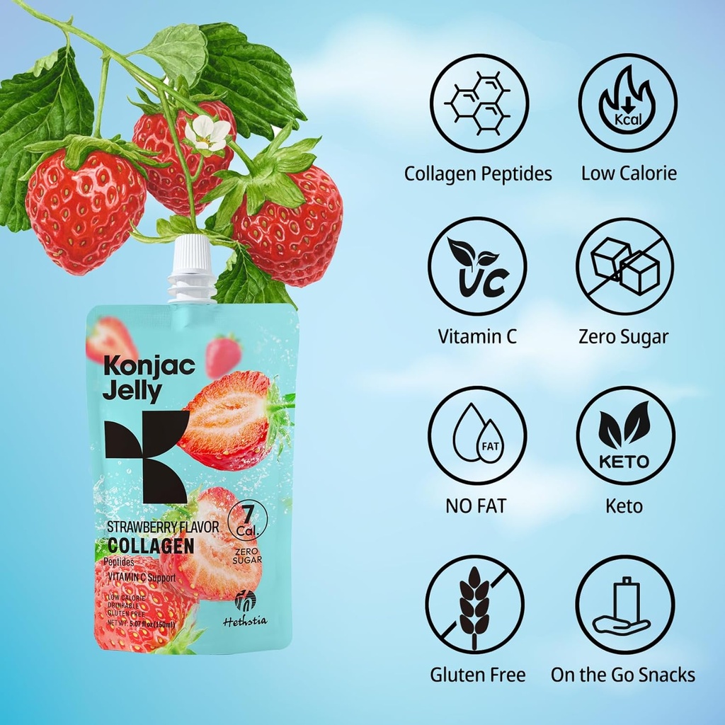 Hethstia Konjac Jelly Strawberry Flavor Collagen Peptides 10 Packs and Konjac Spaghetti Gluten Free 12 Packs, Low Calorie, Sugar Free, Keto, Healthy Food 3
