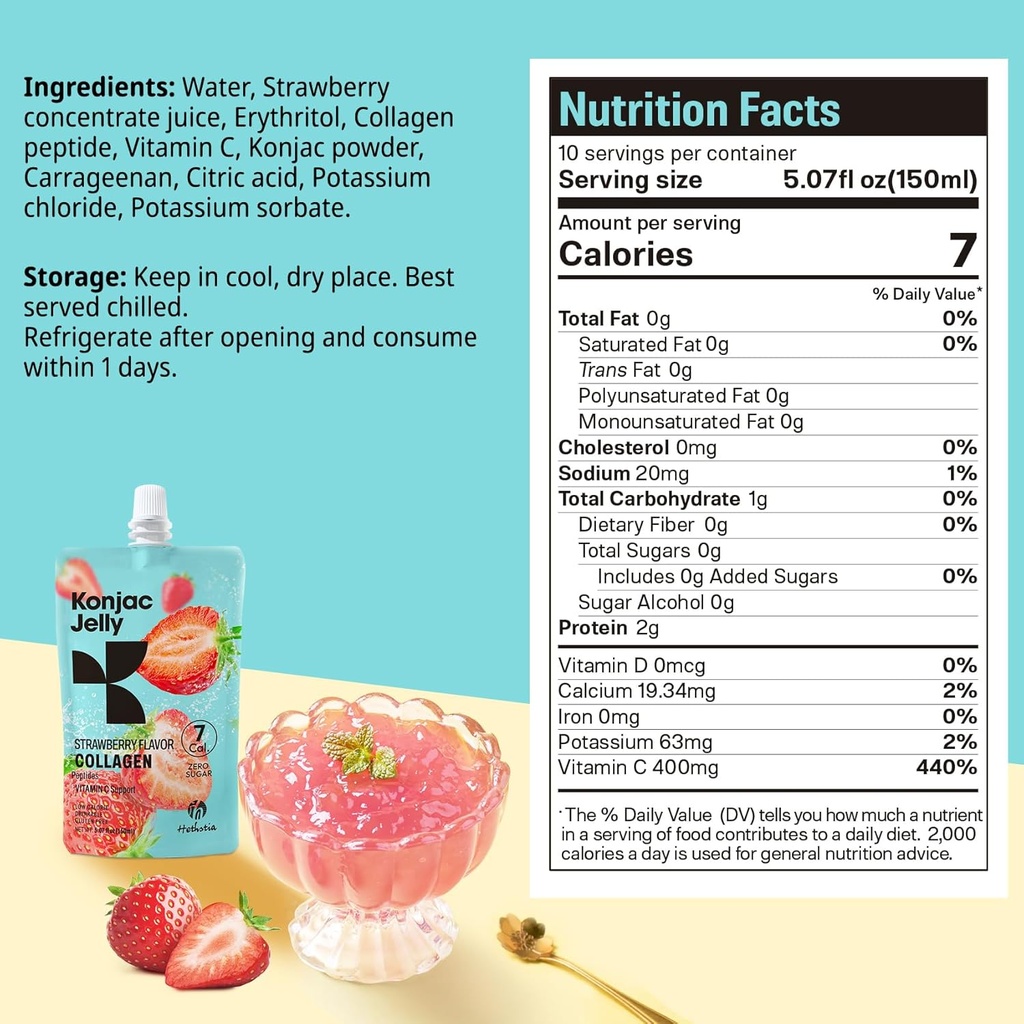 Hethstia Konjac Jelly Strawberry Flavor Collagen Peptides 10 Packs and Konjac Spaghetti Gluten Free 12 Packs, Low Calorie, Sugar Free, Keto, Healthy Food 6