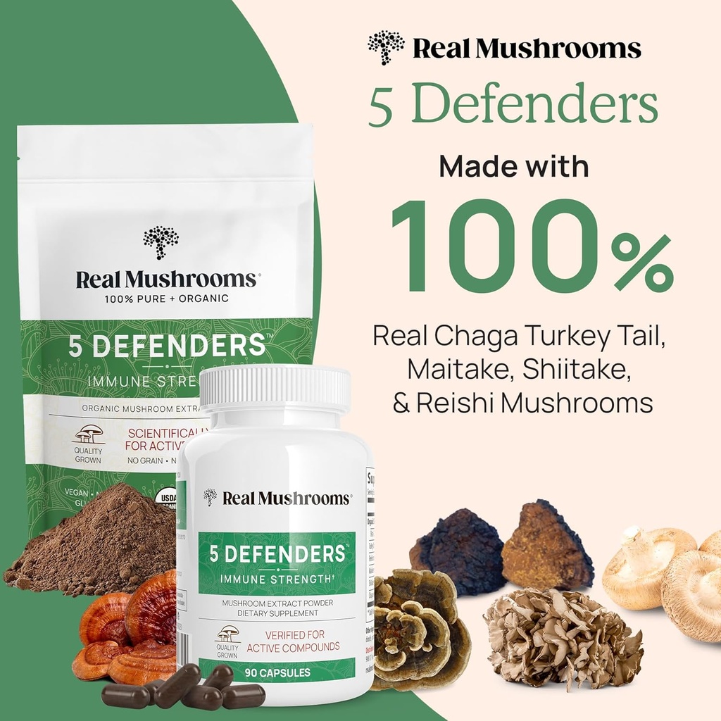 Real Mushrooms 5 Defenders for Humans (90ct) & Pets (90ct) - Capsules Bundle - Chaga, Shiitake, Maitake, Turkey Tail & Reishi Mushroom - for Immune Strength & Overall Wellbeing - Vegan, Non-GMO 3