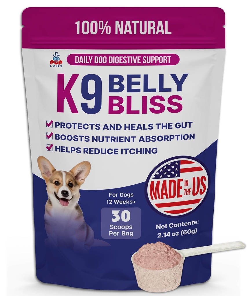 Pup Labs K9 Belly Bliss, All-Natural Gut Health for Dogs, Vet Approved Prebiotic for Dogs for Daily Digestive Support and Dog Constipation Relief, Easy to Use Topper for Dry and Wet Food, 30 Scoops.