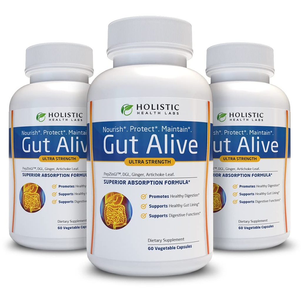 Holistic Health Labs Gut Alive - All Natural Support to Fight IBS, Heartburn, Acid Indigestion, Acid Reflux, Bloating & Gas. Unique Formulation (60 Count (Pack of 3))