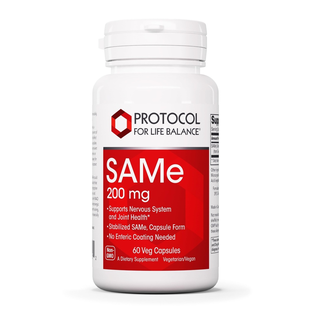 PROTOCOL FOR LIFE BALANCE SAM-e 200mg, Brain & Joint, 60 Veg Caps | Supports Nervous System and Joint Health*, No Enteric Coating Needed, GMP Quality Assured, Stabilized SAMe, Smaller Tablet