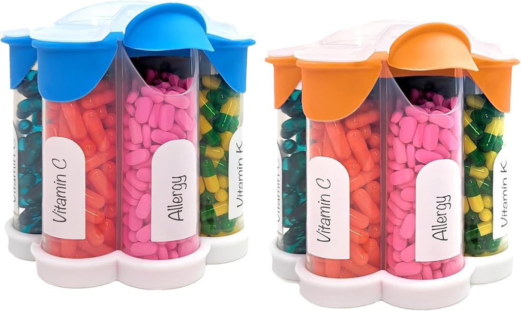 Extra Large Pill Organizer Daily, Weekly, Monthly Supplement Bottle, Cute Blossom Pill Dispenser with 7 XL Compartments (2 Pack Combo) (Light Blue and Orange)
