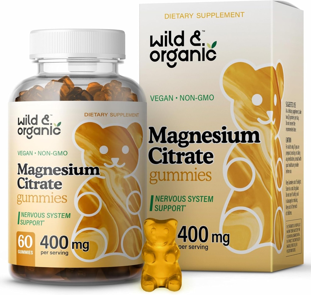 Wild & Organic Magnesium Citrate Gummies 400 mg - Relaxing Chewables for Calm and Mood - Calming Magnesium Citrate Supplement - 60 Vegan, Non-GMO Powder Based Chews